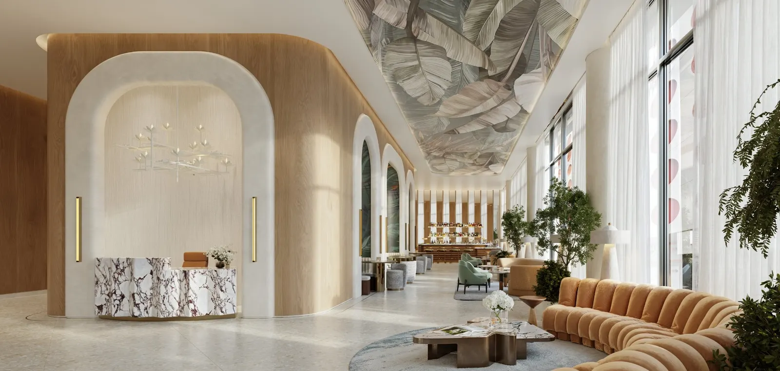 Lobby premium do Viceroy Brickell com acabamentos em mármore e detalhes em latão